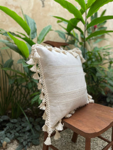 White pillow with fringe. Cotton handwoven pillow.