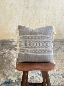 Chambray pillow with fringe. Cotton handwoven pillow.