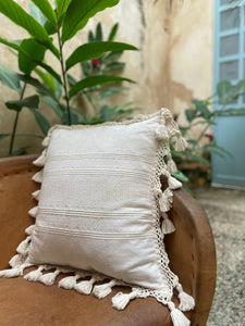 White cream pillow with fringe. Cotton handwoven pillow.
