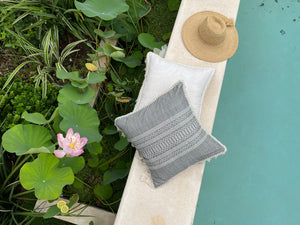 Chambray pillow with fringe. Cotton handwoven pillow. Poolside.