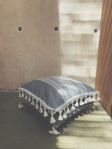 Chambray pillow with fringe. Cotton handwoven pillow.